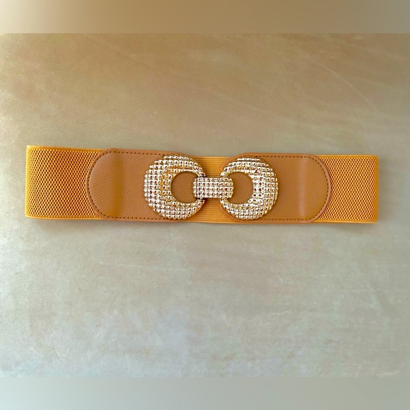 Tan Brown and Gold Toned Stretch Waist Belt - Picture 1 of 5